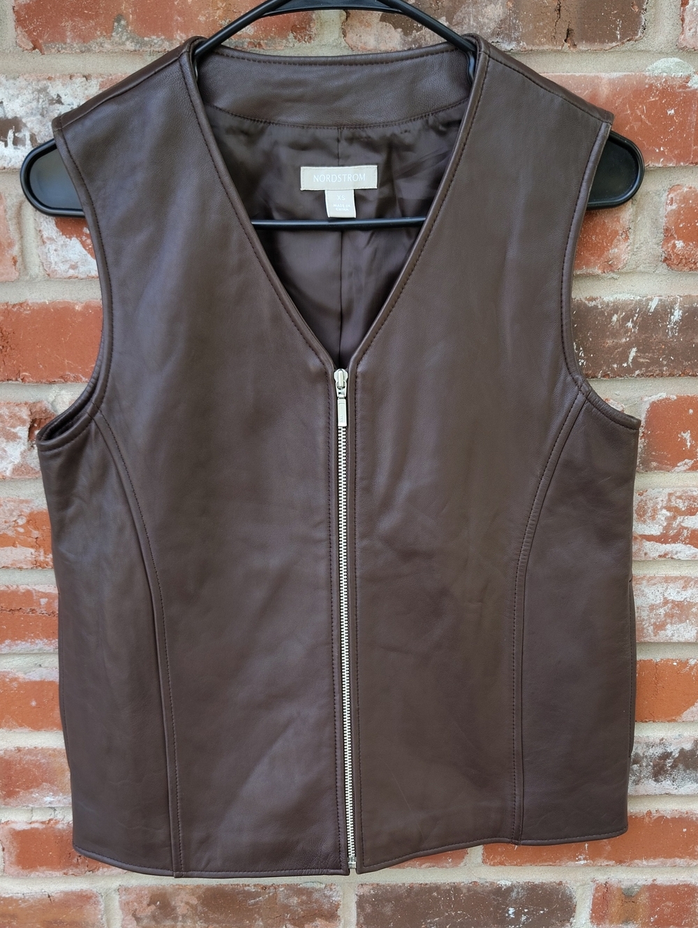 Nordstrom Lambskin Soft Leather Full Zip Vest Jacket Size XS Brown Grunge Biker - Picture 3 of 13